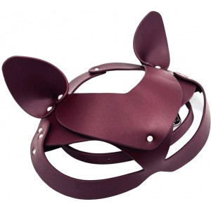 Кожаная бордовая маска Кошка декорированная стразами (иной угол)