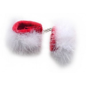 Красные плюшевые наручники с белым мехом (иной угол)