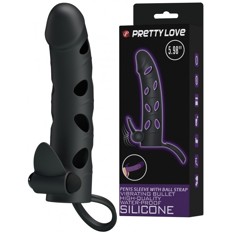 Силиконовая вибронасадка с клиторальным стимулятором и петлей под мошонку Pretty Love Penis Sleeve