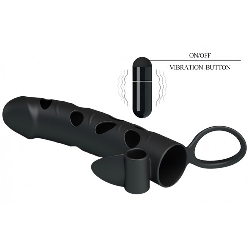 Силиконовая вибронасадка с клиторальным стимулятором и петлей под мошонку Pretty Love Penis Sleeve