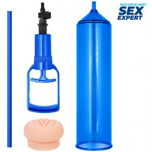 Вакуумная помпа Sex Expert с реалистичной насадкой в виде вагины синяя (иной угол)