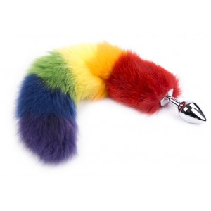 Металлическая анальная пробка М с длинным разноцветным хвостиком 45 см (иной угол)