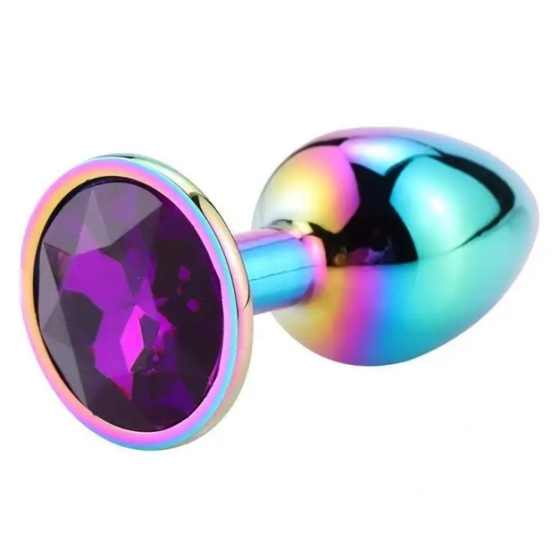 Разноцветная анальная пробка с пурпурным камушком L