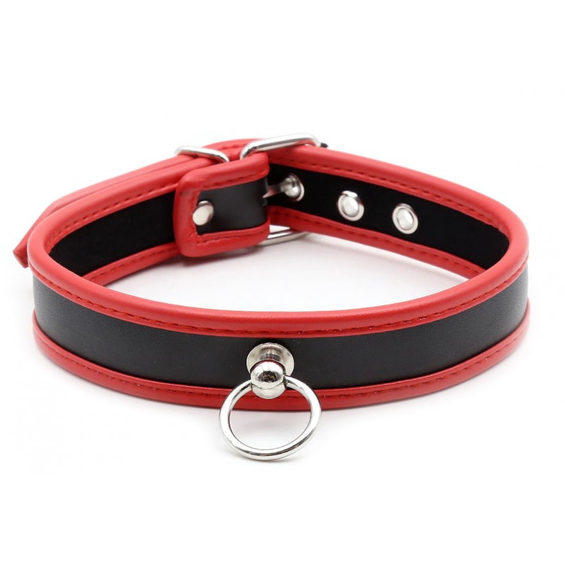 Узкий ошейник с кольцом черно-красный