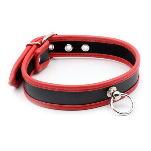 Узкий ошейник с кольцом черно-красный