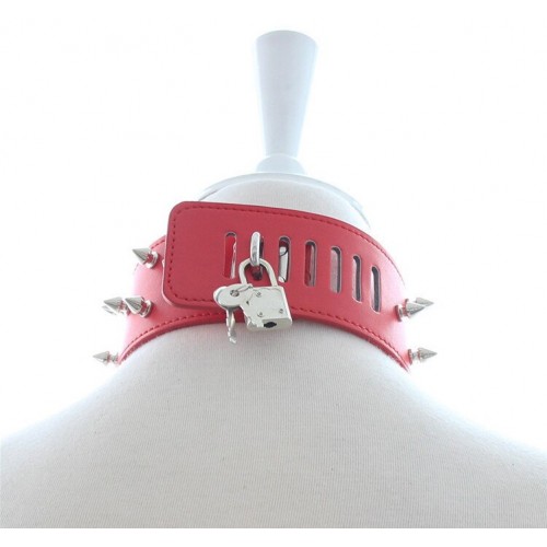 Красный ошейник с шипами на поводке