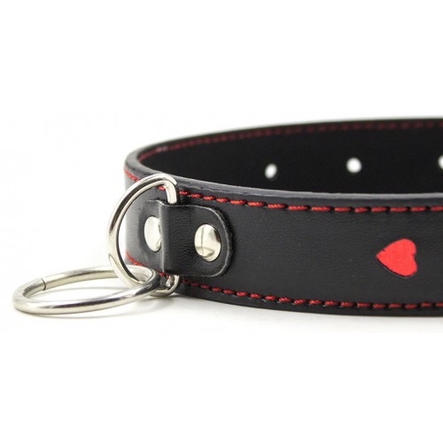 Ошейник узкий с поводком и красными сердечками