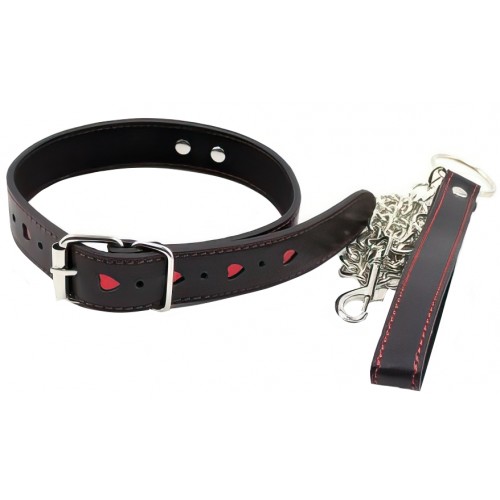 Ошейник узкий с поводком и красными сердечками