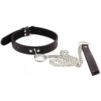 Ошейник узкий с поводком и красными сердечками