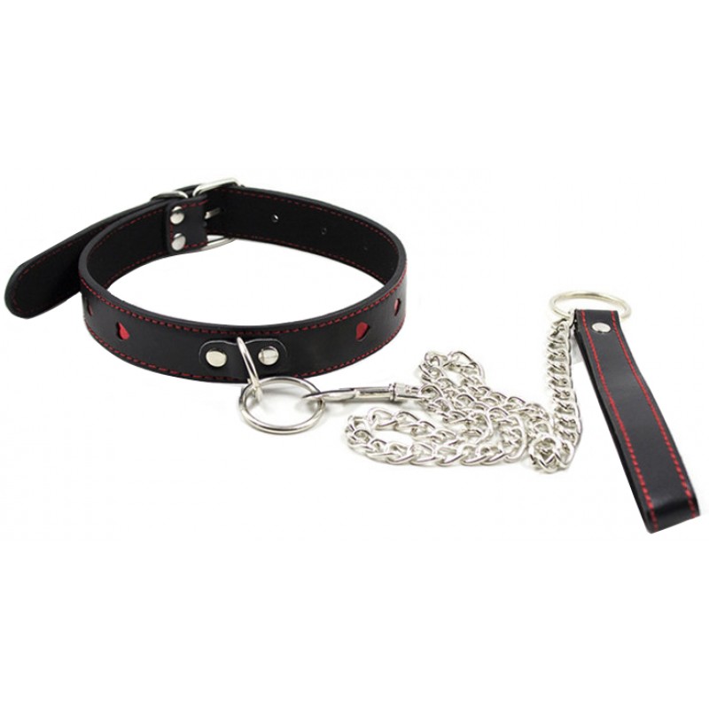 Ошейник узкий с поводком и красными сердечками