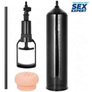 Вакуумная помпа Sex Expert с реалистичной насадкой в виде вагины черная (иной угол)