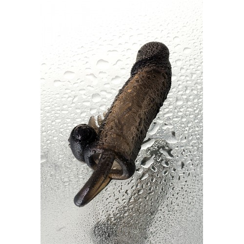 Насадка Toyfa XLover, для увеличения размера с кольцом и вибрацией, TPE, черная прозрачная, 14.5 см