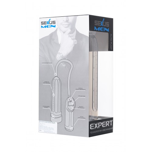 Помпа для пениса Sexus Men Expert, полуавтоматическая, с манометром, ABS пластик, чёрная, 27 см, Ø 7 см