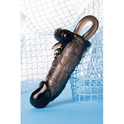 Насадка Toyfa XLover, для увеличения размера с кольцом и вибрацией, TPE, черная прозрачная, 14.5 см