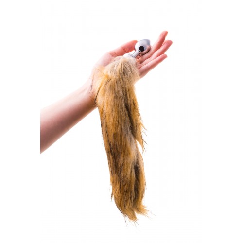 Анальная втулка Metal by TOYFA, металл, серебристая, с большим рыжим хвостом, 37 см, Ø 2,9 см, 195 г