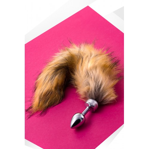 Анальная втулка Metal by TOYFA, металл, серебристая, с большим рыжим хвостом, 37 см, Ø 2,9 см, 195 г