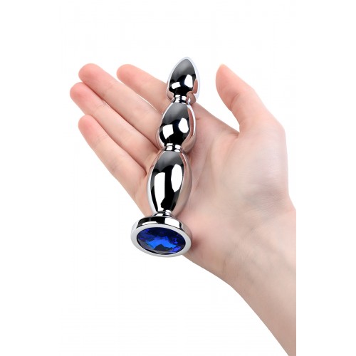 Анальная втулка Metal by TOYFA, металл, серебряная, с синим кристаллом, 14 см, Ø 2,5 см, 125 г
