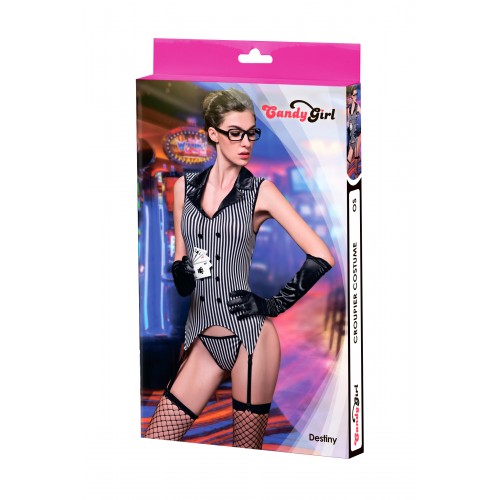 Костюм крупье Candy Girl Destiny (мягкий корсет с пажами, трусы, чулки, перчатки, очки), черно-белый, OS