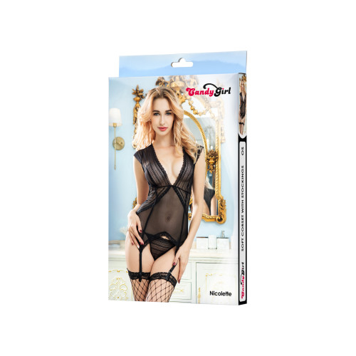 Комплект Candy Girl Nicolette (корсет, трусики, чулки), черный, OS