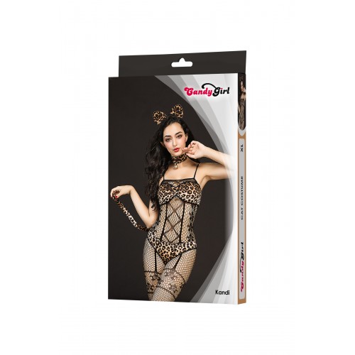 Костюм кошки Candy Girl Kandi (костюм-сетка, топ, трусы с хвостом, чокер, головной убор), черно-леопардовый, XL