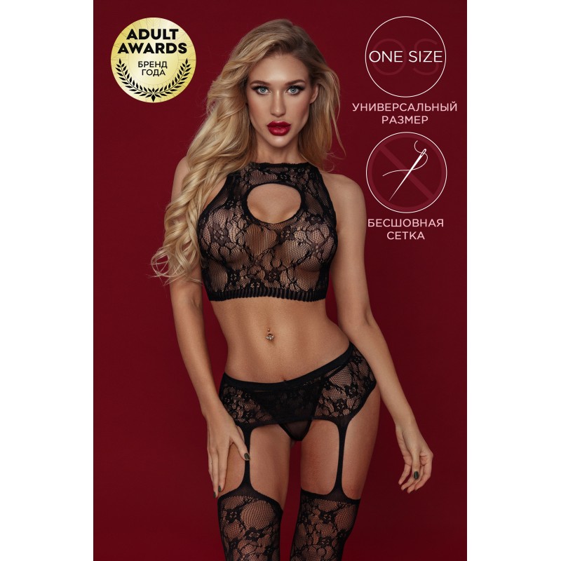 Костюм-сетка Candy Girl Olivia (топ, чулки с поясом, стринги) черный, OS