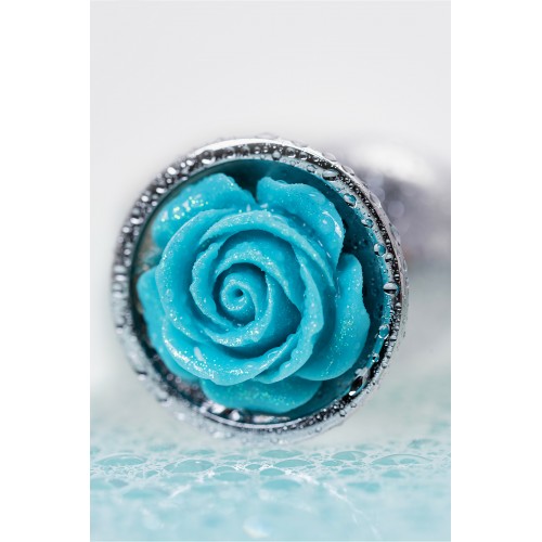 Анальная втулка Metal by TOYFA, металл, серебристая с голубой розочкой, 8 см, Ø 2,7 см, 48 г