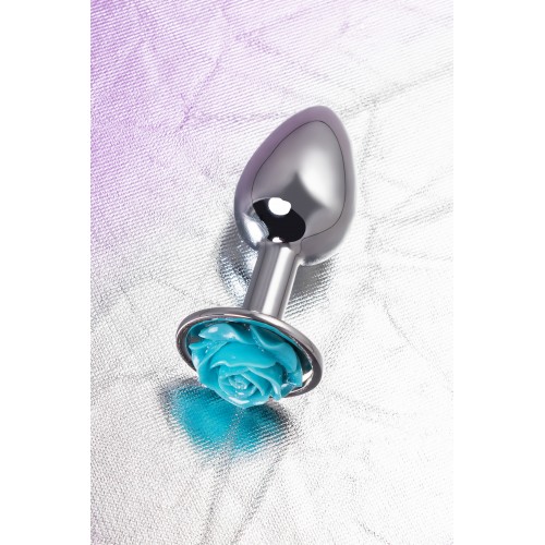 Анальная втулка Metal by TOYFA, металл, серебристая с голубой розочкой, 8 см, Ø 2,7 см, 48 г