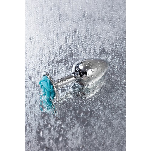 Анальная втулка Metal by TOYFA, металл, серебристая с голубой розочкой, 8 см, Ø 2,7 см, 48 г