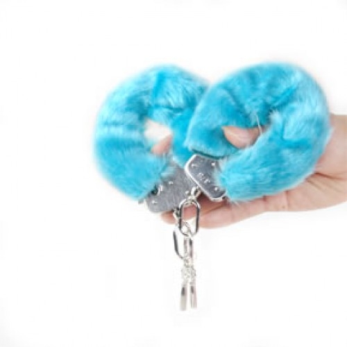 Металлические наручники с мехом синие