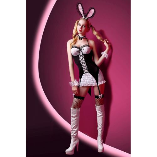 Костюм зайки Candy Girl Charity (платье с пажами, трусы, головной убор, галстук, чулки, манжеты), черно-белый, OS
