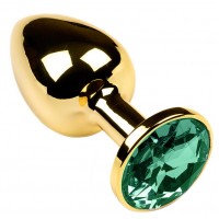 Золотая металлическая анальная пробка с камушком зеленого цвета M
