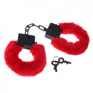 Пластиковые красные наручники с мехом (иной угол)
