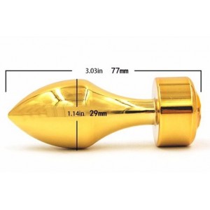 Золотая металлическая анальная пробка с фиолетовым стразом, размер S (иной угол)