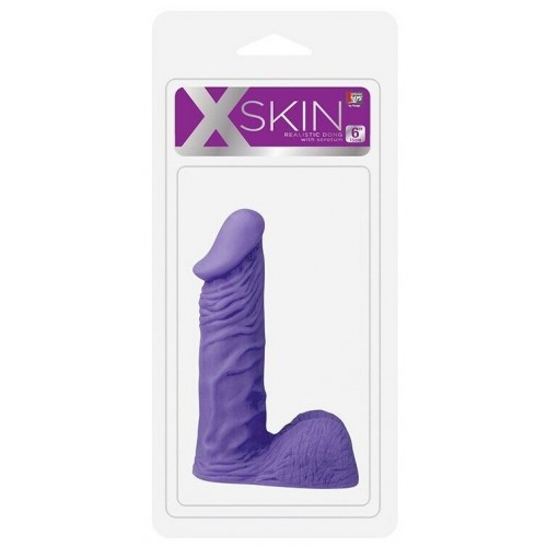 Фиолетовый фаллос с ярко выраженной головкой и мошонкой X Skin 15 см