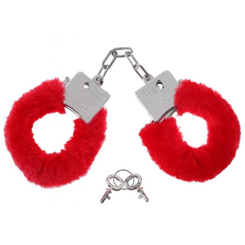 Пластмассовые серебристые наручники с красным мехом