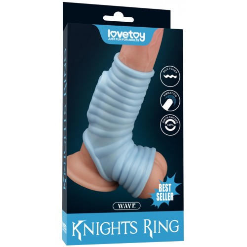 Рельефная насадка на пенис с вибрацией Wave Knights голубая