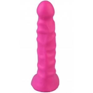 Розовый анальный фаллос с рельефным стволом 14 см (иной угол)