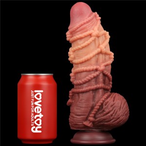 Реалистичный фаллоимитатор с мошонкой и рельефом из веревок Lovetoy Silicone Cock with Rope 24 см (иной угол)