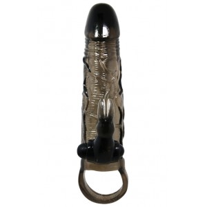 Увеличивающая насадка на пенис с клиторальным стимулятором и петлей под мошонку черного цвета Brave Man + 3,5 см (иной угол)