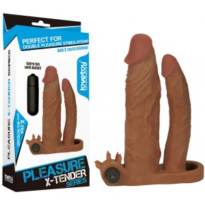 Удлиняющая вибронасадка для двойного проникновения Pleasure X Tender Vibrating Double Penis Sleeve мулат + 5 см