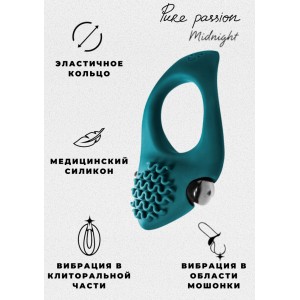 Эрекционное виброкольцо с клиторальным стимулятором Pure Passion Midnight зеленое (иной угол)