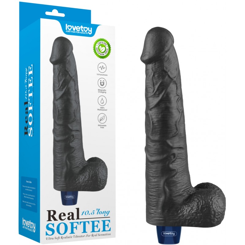 Классический черный вибратор с мошонкой Real Softee 27 см