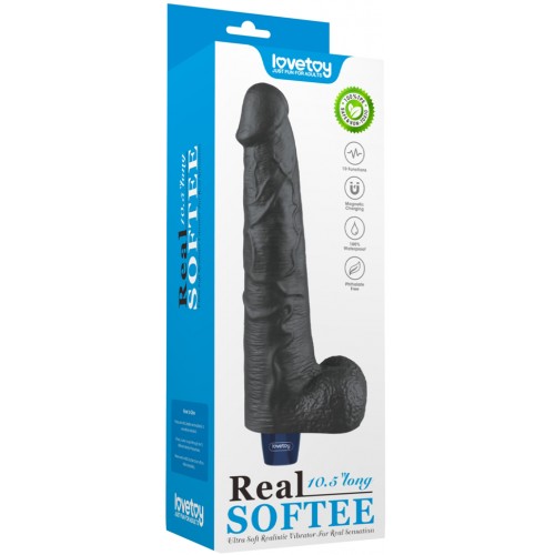 Классический черный вибратор с мошонкой Real Softee 27 см