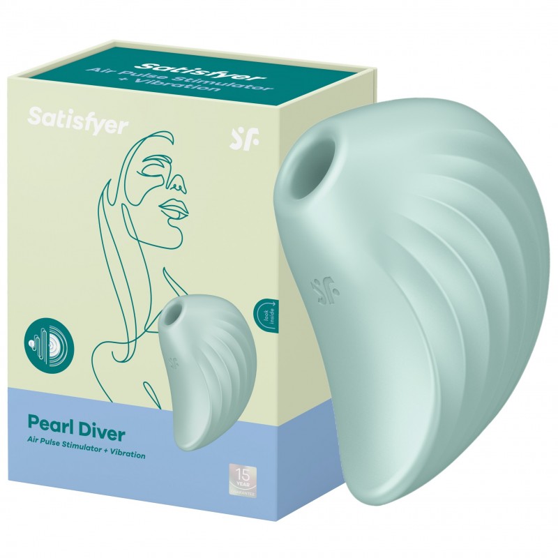 ДЕФОРМИРОВАННАЯ КОРОБКА Вакуумно-волновой стимулятор с вибрацией Satisfyer Pearl Diver зеленый