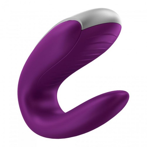 Деформированная  вскрытая упаковка смарт-стимулятор для пар Satisfyer Double Fun с пультом фиолетовый