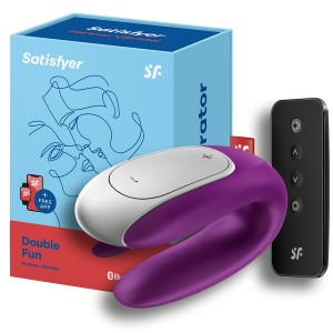 Деформированная  вскрытая упаковка смарт-стимулятор для пар Satisfyer Double Fun с пультом фиолетовый
