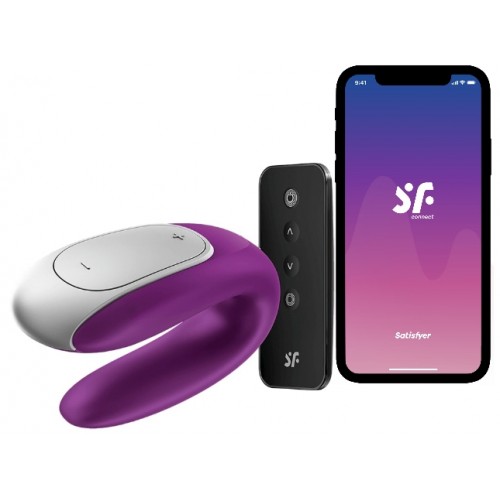Деформированная  вскрытая упаковка смарт-стимулятор для пар Satisfyer Double Fun с пультом фиолетовый