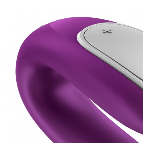 Деформированная  вскрытая упаковка смарт-стимулятор для пар Satisfyer Double Fun с пультом фиолетовый