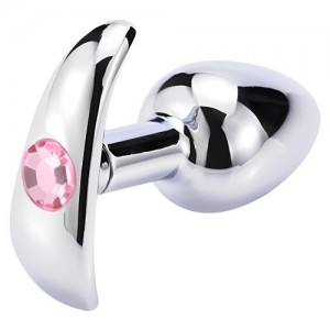 Металлическая анальная втулка со съемным черным хвостиком и пробкой с розовым кристаллом (иной угол)