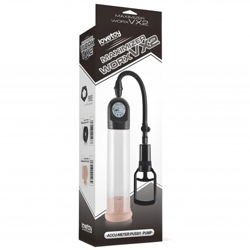 ДЕФОРМИРОВАННАЯ КОРОБКА Вакуумная помпа для пениса Maximizer Worx VX2 Accu-Meter Pussy Pump с мягкой насадкой